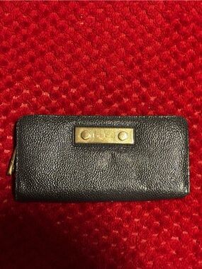 bebe Black Leather Zip Phone Wallet with Gold Plate